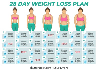 Weigh loss concept design. Before after illustration with workout plan. Vector Eps 10