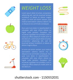 Weigh loss sport poster with text sample and isolated icons set. Water and apple, jumping rope and calendar with dates. Broccoli and treadmill vector
