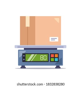 weigh the parcel in a cardboard box on an electronic scale. flat vector illustration isolated on white background