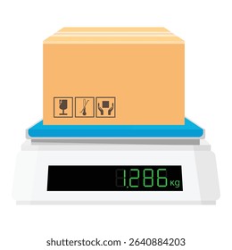 Weigh parcel, cardboard box on an electronic scale. Empty digital electronic industrial or food kitchen scales. Weight in kg, kilograms. Isolated on white background. Vector