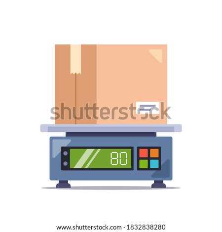 weigh the parcel in a cardboard box on an electronic scale. flat vector illustration isolated on white background