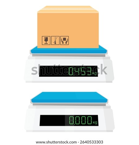 Weigh parcel, cardboard box on an electronic scale. Empty digital electronic industrial or food kitchen scales. Weight in kg, kilograms. Isolated on white background. Vector
