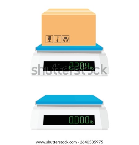 Weigh parcel, cardboard box on an electronic scale. Empty digital electronic industrial or food kitchen scales. Weight in lb, pounds. Isolated on white background. Vector