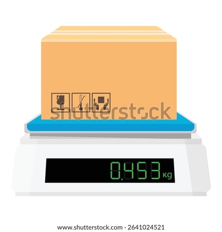 Weigh parcel, cardboard box on an electronic scale. Empty digital electronic industrial or food kitchen scales. Weight in kg, kilograms. Isolated on white background. Vector