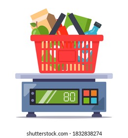 weigh products from the store on the scales. food set. flat vector illustration isolated on white background.