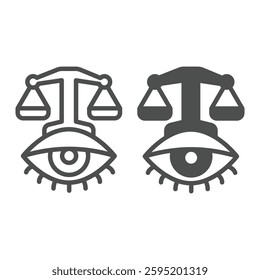 Weigh scales with eye of justice line and solid icon, law enforcement concept. Vector graphics. Libra scales and eye, judgement sign on white background, outline style icon for mobile or web design