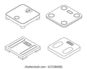 Weigh scales icons set. Isometric set of weigh scales vector icons outline isolated on white background