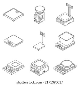 Juego de iconos de escalas de peso. Conjunto isométrico de las escalas de peso iconos vectoriales contorno aislado en fondo blanco