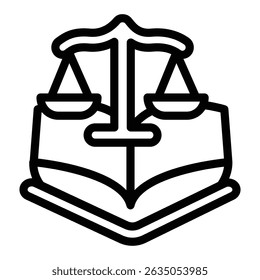 Weigh scales with laws book line icon, family lawyer concept. Vector graphics. Libra scales with human rights textbook sign on white background, style mobile or design