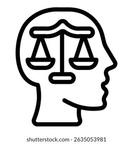 Weigh scales on man head line icon, family lawyer concept. Vector graphics. Libra scales and person brain, human rights sign on white background, style mobile or design