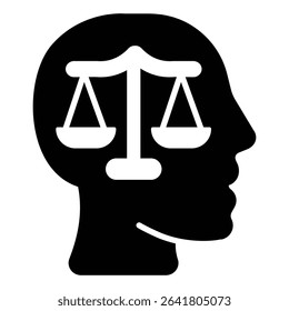 Weigh scales on man head solid icon, family lawyer concept. Vector graphics. Libra scales and person brain, human rights sign on white background, style mobile or design