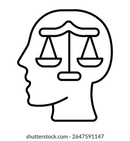 Weigh scales on man head thin line icon, family lawyer concept. Vector graphics. Libra scales and person brain, human rights sign on white background, style mobile or design