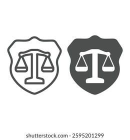 Weigh scales on safety emblem line and solid icon, law enforcement concept. Vector graphics. Libra scales on shield, judgement sign on white background, outline style icon for mobile or web design