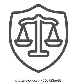 Weigh scales on shield line icon, justice concept. Vector graphics. Libra scales and safety emblem, human rights sign on white background, outline style icon for mobile or web design