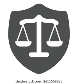 Weigh scales on shield solid icon, justice concept. Vector graphics. Libra scales and safety emblem, human rights sign on white background, glyph style icon for mobile or web design