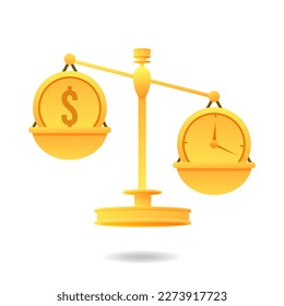 Weigher gold business Clock and dollar on scale. Time is money concept. balance watch and money vector illustration. EPS