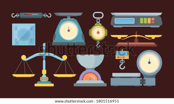 Weigher large set. Manual for street food markets
accurate electronic scales large sized with dial for warehouse and
wholesale lots kitchen measuring scales products floor scales. Flat
vector art.