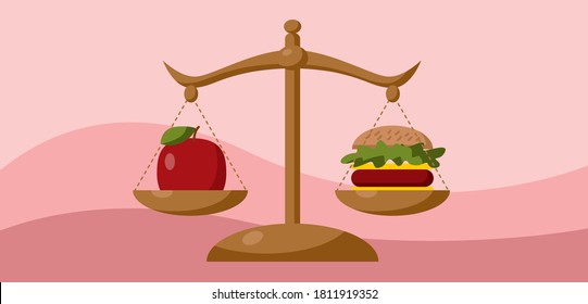 Weighing an apple and a cheeseburger on a scale. Libra, proper nutrition, health care, diet.