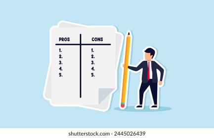 Weighing business options, analyzing pros and cons, concept of Careful consideration: businessman lists business pros and cons