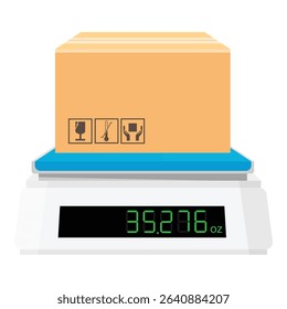 Weighing cardboard box or parcel on digital electronic scale. Industrial, shipping, postal or kitchen scales showing weight in ounces (oz). Isolated on white background. Vector illustration