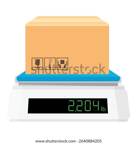 Weighing cardboard box or parcel on digital electronic scale. Industrial, shipping, postal or kitchen scales showing weight in pounds (lb). Isolated on white background. Vector illustration