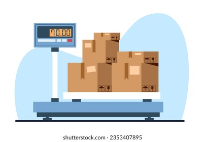 Weighing cardboard boxes with load on floor electronic scale. Warehouse equipment for measurement, delivery storage and shipping. Cartoon flat style isolated illustration. Vector concept