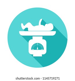 weighing a child icon in flat long shadow. One of baby collection icon can be used for UI/UX