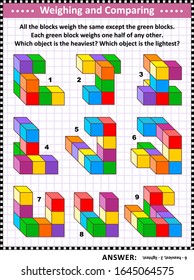 Weighing and comparing math puzzle: All the blocks weigh the same except the green blocks. Each green block weighs one half of any other. Which object is the heaviest? Which object is the lightest?