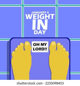 A weighing device with a pair of feet of someone who is measuring his weight in the room with bold text on a floor background to celebrate Weigh-In Day on January 4