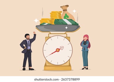 Weighing Financial Value: Business Professionals Assessing the Importance of Money, Represented by a Scale with Gold Coins and Banknotes.