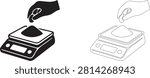 Weighing flour on scale vector icon filled and outline, hand dosing loose powder by recipe symbol.