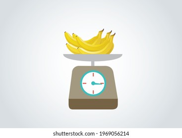 Weighing machine with banana in isolated background, good for health magazine and advertisement. leaflet billboard