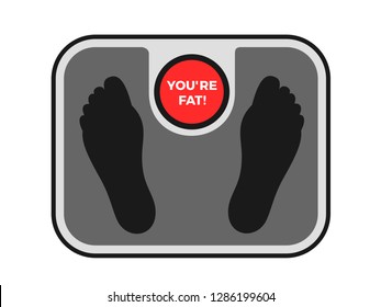 La máquina pesada está haciendo ofensivo ataque de vergüenza corporal - la persona gorda y con sobrepeso es acusada de obesidad. Estriberas en el dispositivo de medición. Ilustración del vector