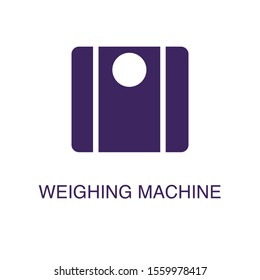 Weighing machine element in flat simple style on white background. Weighing machine icon, with text name concept template