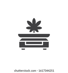 Weighing marijuana vector icon. filled flat sign for mobile concept and web design. Scales with cannabis leaf glyph icon. Symbol, logo illustration. Vector graphics