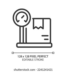 Weighing parcel for shipping pixel perfect linear icon. Package weight limit. Delivery service. Thin line illustration. Contour symbol. Vector outline drawing. Editable stroke. Arial font used