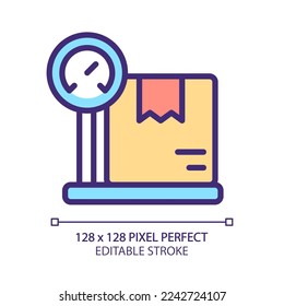 Parcela de pesaje para enviar el icono de color RGB perfecto para píxeles. Límite de peso del paquete. Servicio de entrega. Ilustración vectorial aislada. Dibujo de línea simple relleno. Trazo editable. Tipo de letra arial utilizado