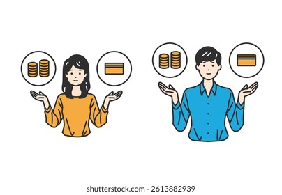 Weighing Payment Methods – Finance Choices. A person comparing cash, cards, and loans. Perfect for explaining payment options, budgeting, and financial literacy in business or educational content.
