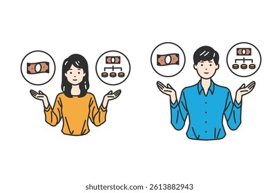 Weighing Payment Methods – Finance Choices. A person comparing cash, cards, and loans. Perfect for explaining payment options, budgeting, and financial literacy in business or educational content.