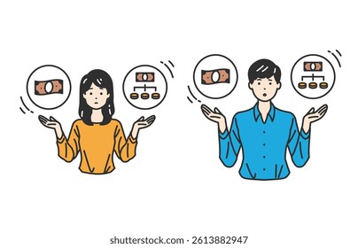 Weighing Payment Methods – Finance Choices. A person comparing cash, cards, and loans. Perfect for explaining payment options, budgeting, and financial literacy in business or educational content.