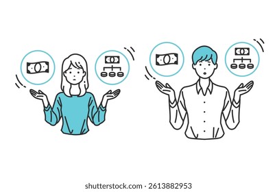 Weighing Payment Methods – Finance Choices. A person comparing cash, cards, and loans. Perfect for explaining payment options, budgeting, and financial literacy in business or educational content.