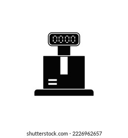 Pesaje del icono de paquete postal en glifo plano negro, estilo relleno aislado en fondo blanco