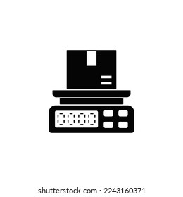 Weighing of postal parcel icon in black flat glyph, filled style isolated on white background