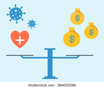 Weighing Pros And Cons Between Lockdown And Economy. Public Health Vs. Economy, Money, Businesses. 