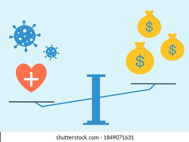 Weighing Pros And Cons Between Lockdown And Economy. Public Health Vs. Economy, Money, Businesses. 