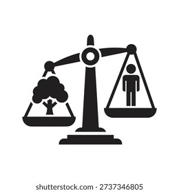 Weighing scale balancing tree against human figure representing ecological balance nature versus mankind environmental sustainability conservation