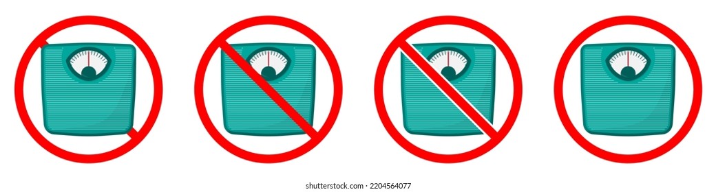 Weighing scale ban sign. Weighing scale is forbidden. Set of red prohibition signs of weighing scale. Vector illustration