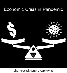 Weighing scale with dollar sign and virus symbol. Concept of Economic crisis in pandemic outbreak