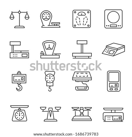 Weighing scale, icon set. Beam balance. Device to measure weight or mass, mechanical and electronic, linear icons. Line with editable stroke