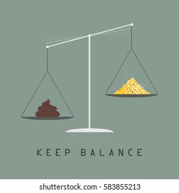 Weighing scale, libra. Keep balance between bad and good things, positive and negative, sense of taste, motivational poster. Flat style vector illustration
